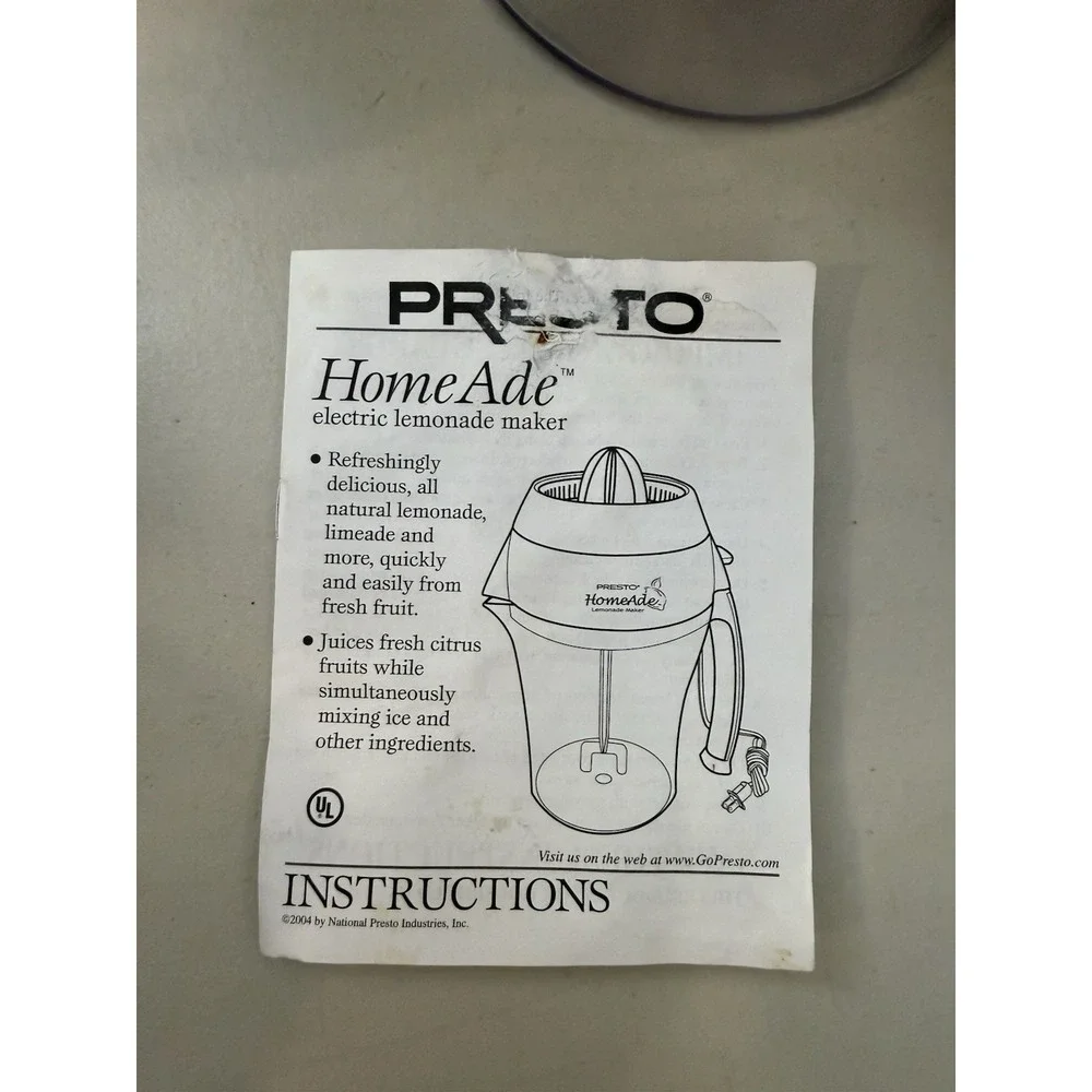 Presto HomeAde Electric Lemonade Maker Model 02621 Manual and Accessories No Box
